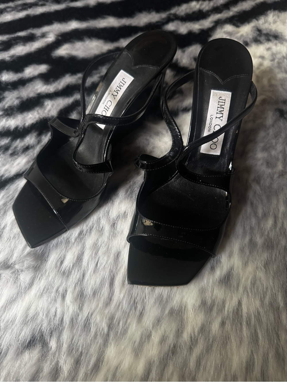 Jimmy Choo Black Patent Strappy Square-Toe Wedges